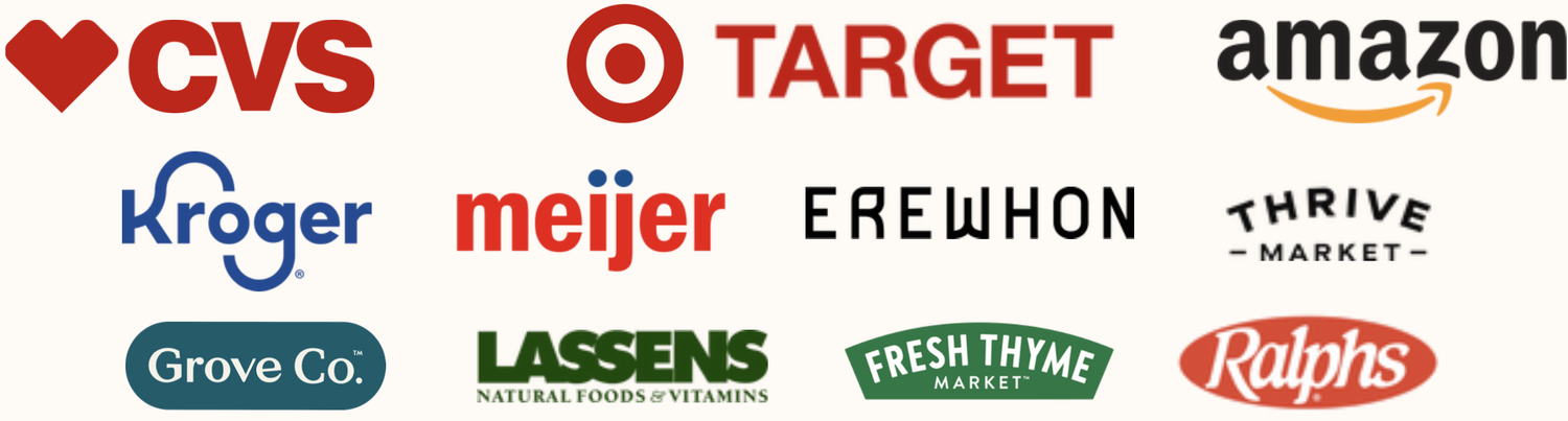 Brand Logos - CVS, Target, Amazon, Kroger, Meijer, Erewhon, Thrive Market, Grove Co., Lassens Natural Foods & Vitamins, Fresh Thyme Market, Ralphs